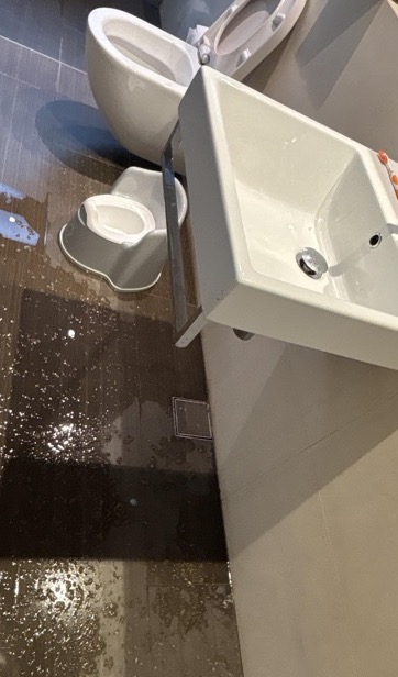 Water-damaged bathroom floor before drying — real drySafe job