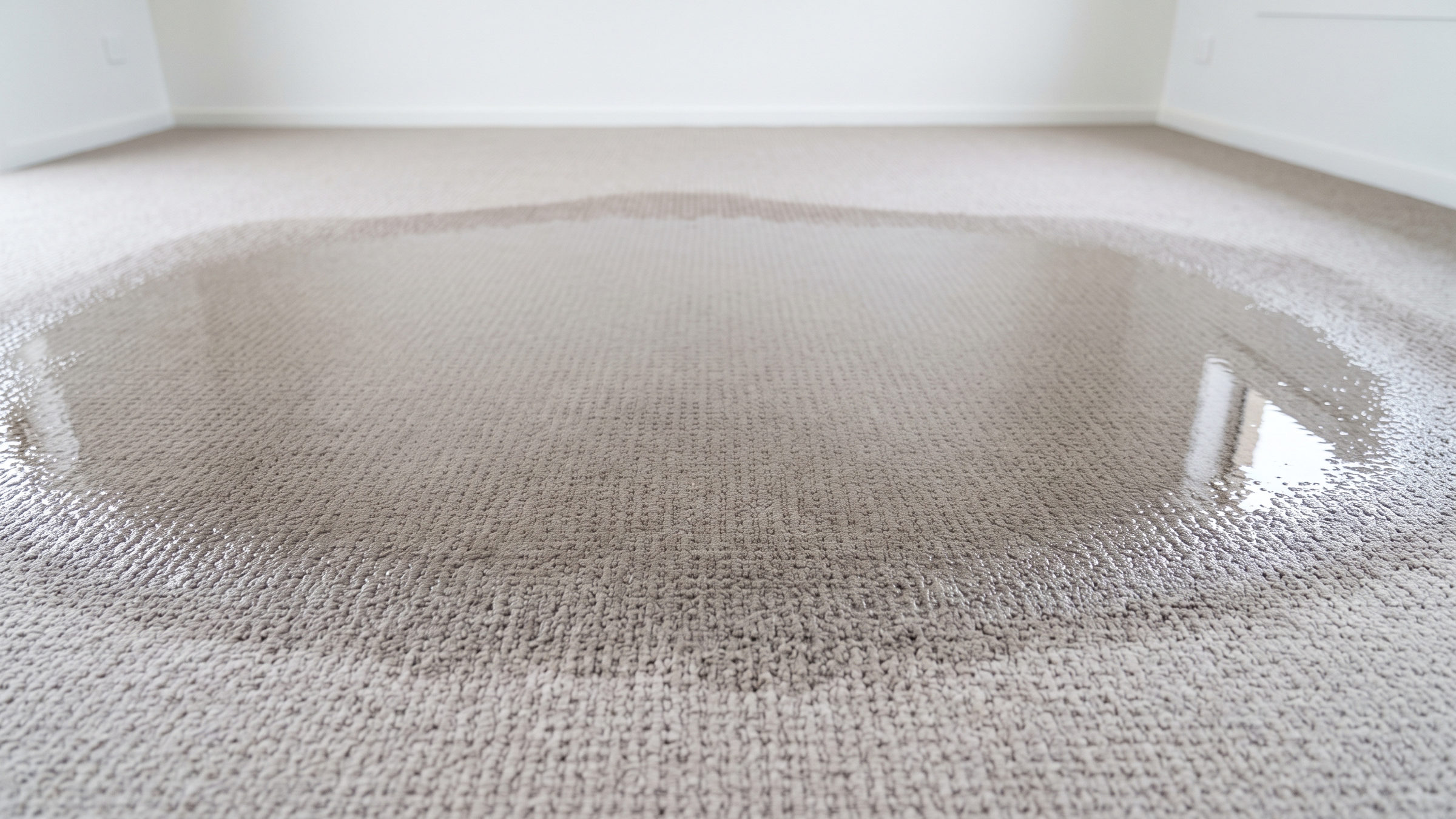 Standing water pooled across pale carpet in an empty Australian living room, the flooded area darker than the dry carpet around it