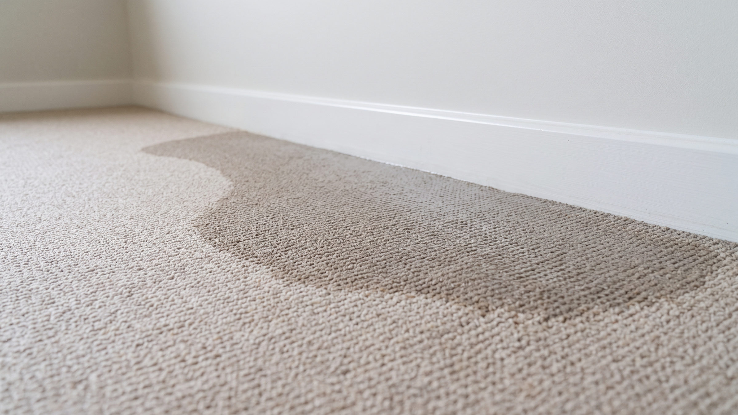 Wet carpet meeting a white skirting board in an Australian home, the soaked area darker than the dry carpet in front of it