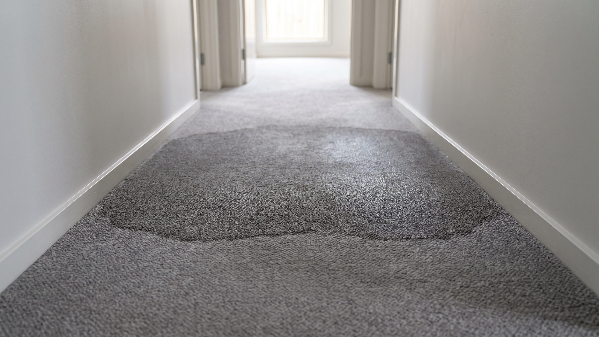 Water soaked into grey carpet along a hallway in an Australian home, the wet area darker than the dry carpet in front of it and beyond