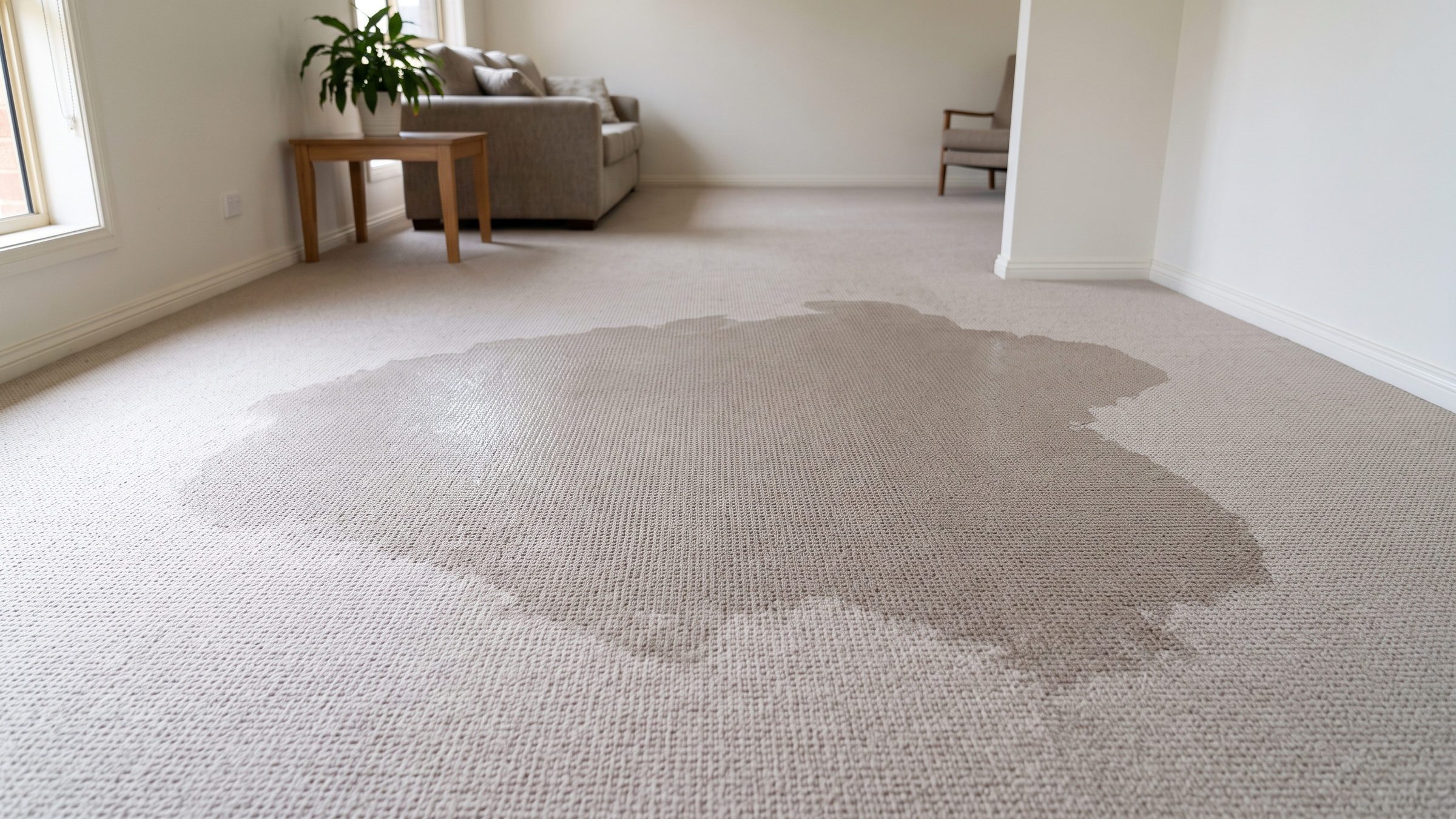A large wet patch spread across pale living-room carpet after a water leak