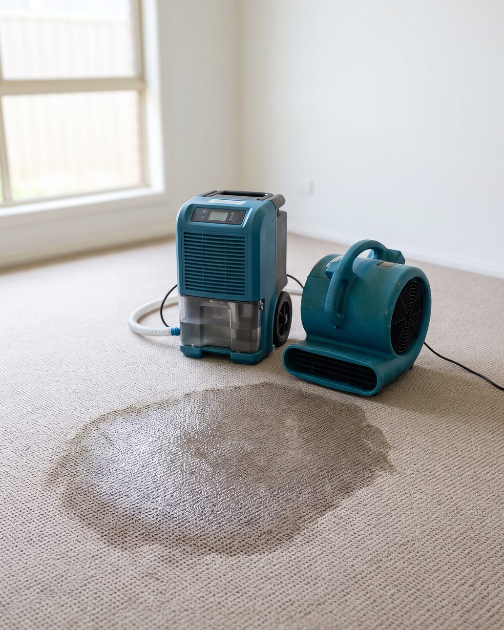 A dehumidifier and air mover drying a water-damaged carpet in a Sydney home